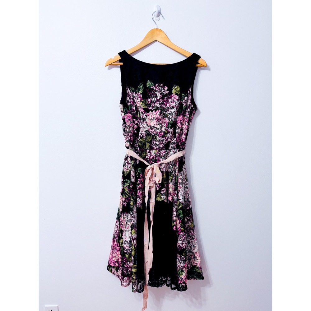 LAURA Black Pink Floral Lace Fit Flare Midi Dress Tie Waist Size 10